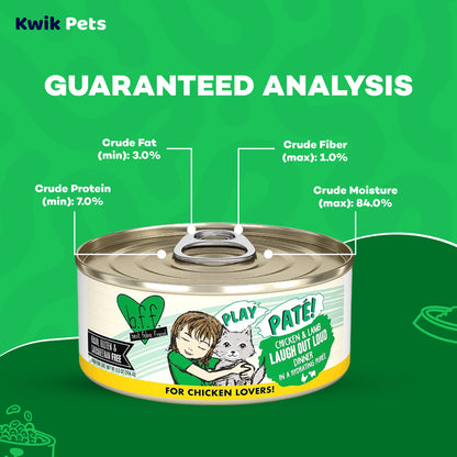 Guaranteed Analysis info of Weruva B.F.F. PLAY Paté Chicken & Lamb Laugh Out Loud Dinner in a Hydrating Purée Wet Cat Food 5.5-oz