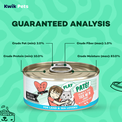 Guaranteed Analysis info of Weruva B.F.F. PLAY Paté Salmon & Tuna Tuck Me In Dinner in a Hydrating Purée Wet Cat Food 5.5-oz