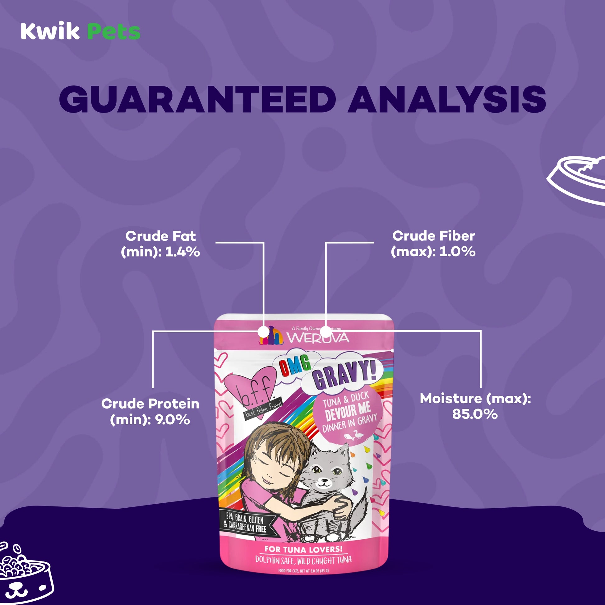 Guaranteed Analysis info of Weruva B.F.F. OMG Tuna & Beef Baby Cakes Dinner in Gravy Wet Cat Food Pouches 3-oz
