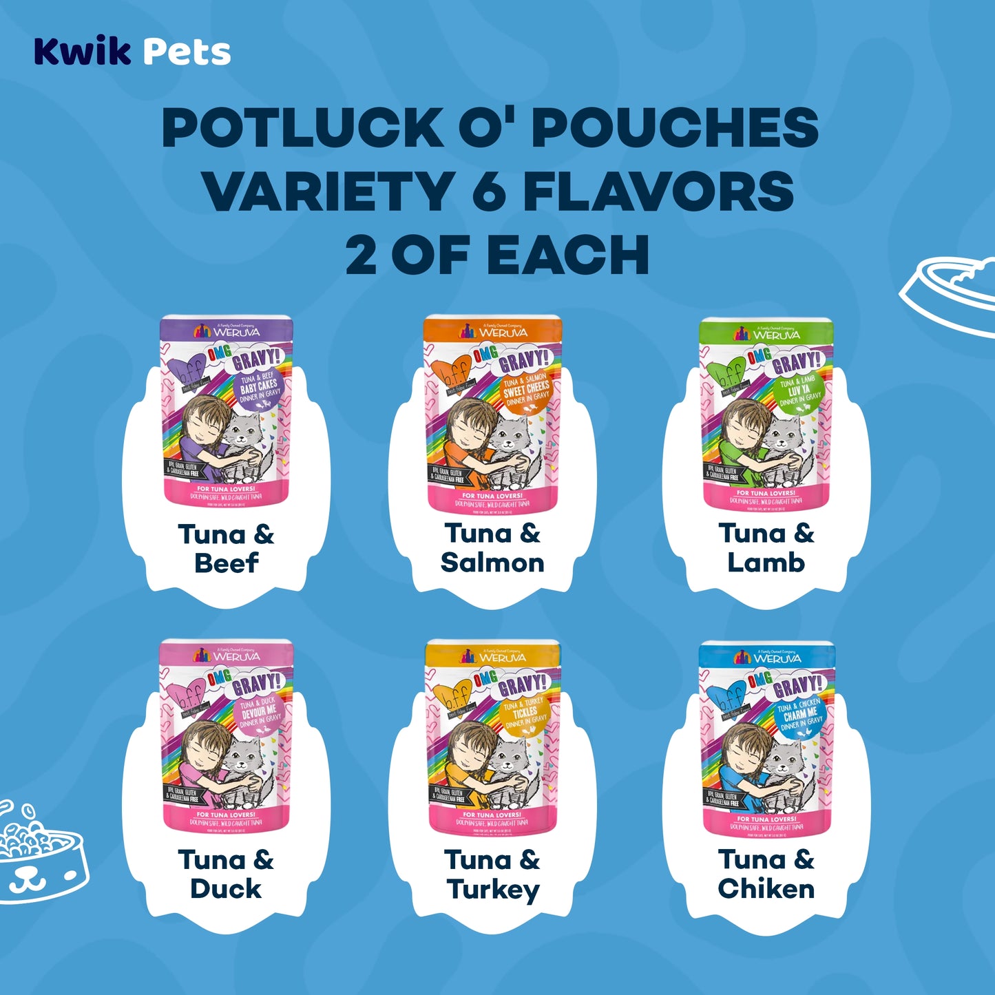 Variety Pack of Weruva B.F.F. OMG Potluck O' Pouches Variety Pack Wet Cat Food 2.8-oz Pouches 12 Count