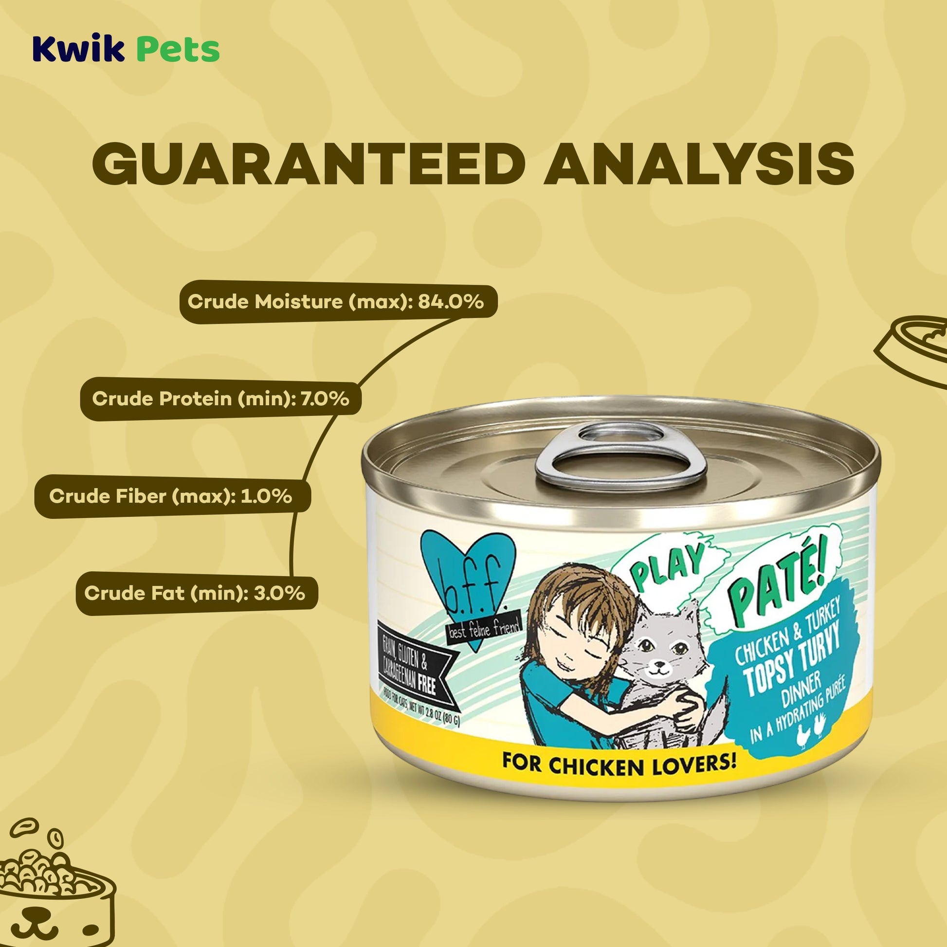 Guaranteed Analysis info of Weruva B.F.F. PLAY Paté Chicken & Turkey Topsy Turvy Dinner in a Hydrating Purée Wet Cat Food 2.8-oz