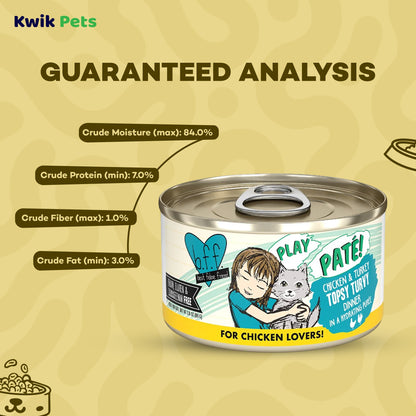 Guaranteed Analysis info of Weruva B.F.F. PLAY Paté Chicken & Turkey Topsy Turvy Dinner in a Hydrating Purée Wet Cat Food 2.8-oz