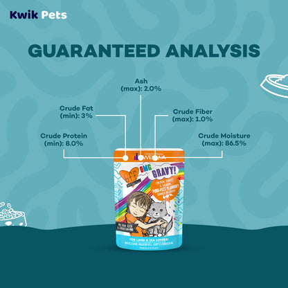 Guaranteed Analysis info of Weruva B.F.F. OMG Chicken, Turkey & Salmon Purr-Fect Plannin'! Dinner in Gravy Wet Cat Food Pouches 2.8-oz