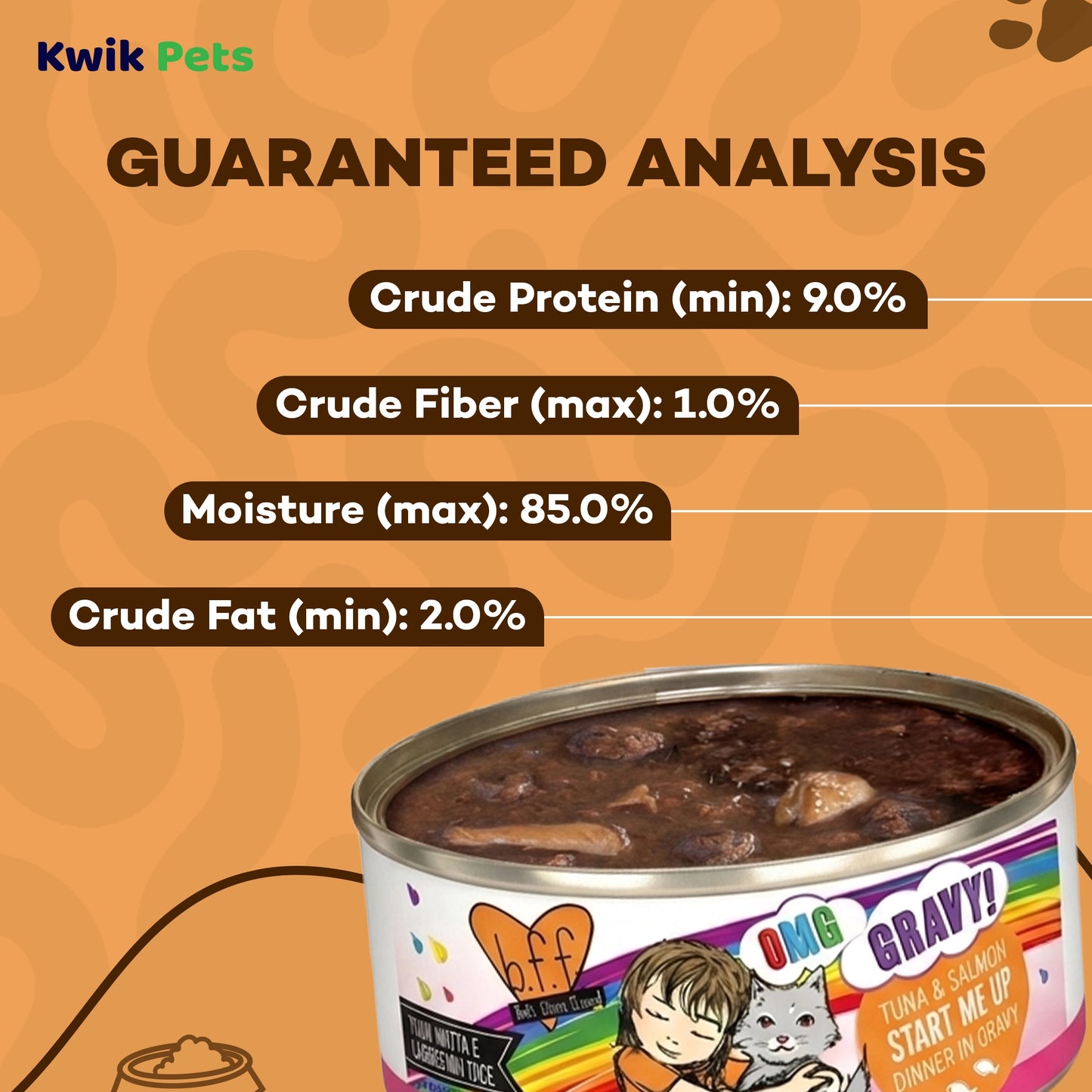 Guaranteed Analysis info of Weruva B.F.F. OMG Tuna & Salmon Start Me Up Dinner in Gravy Wet Cat Food 5.5-oz