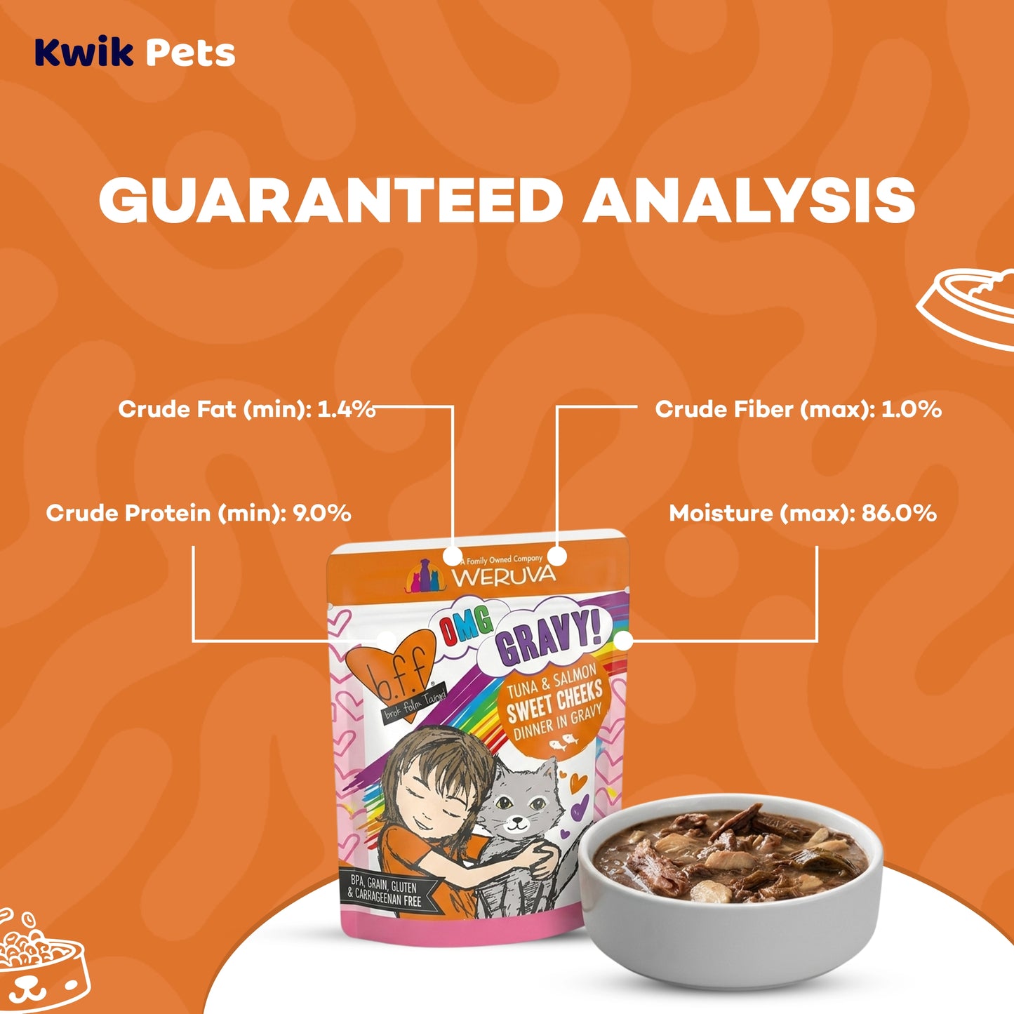Guaranteed Analysis info of Weruva B.F.F. OMG Tuna & Salmon Sweet Cheeks Dinner in Gravy Wet Cat Food Pouches 3-oz