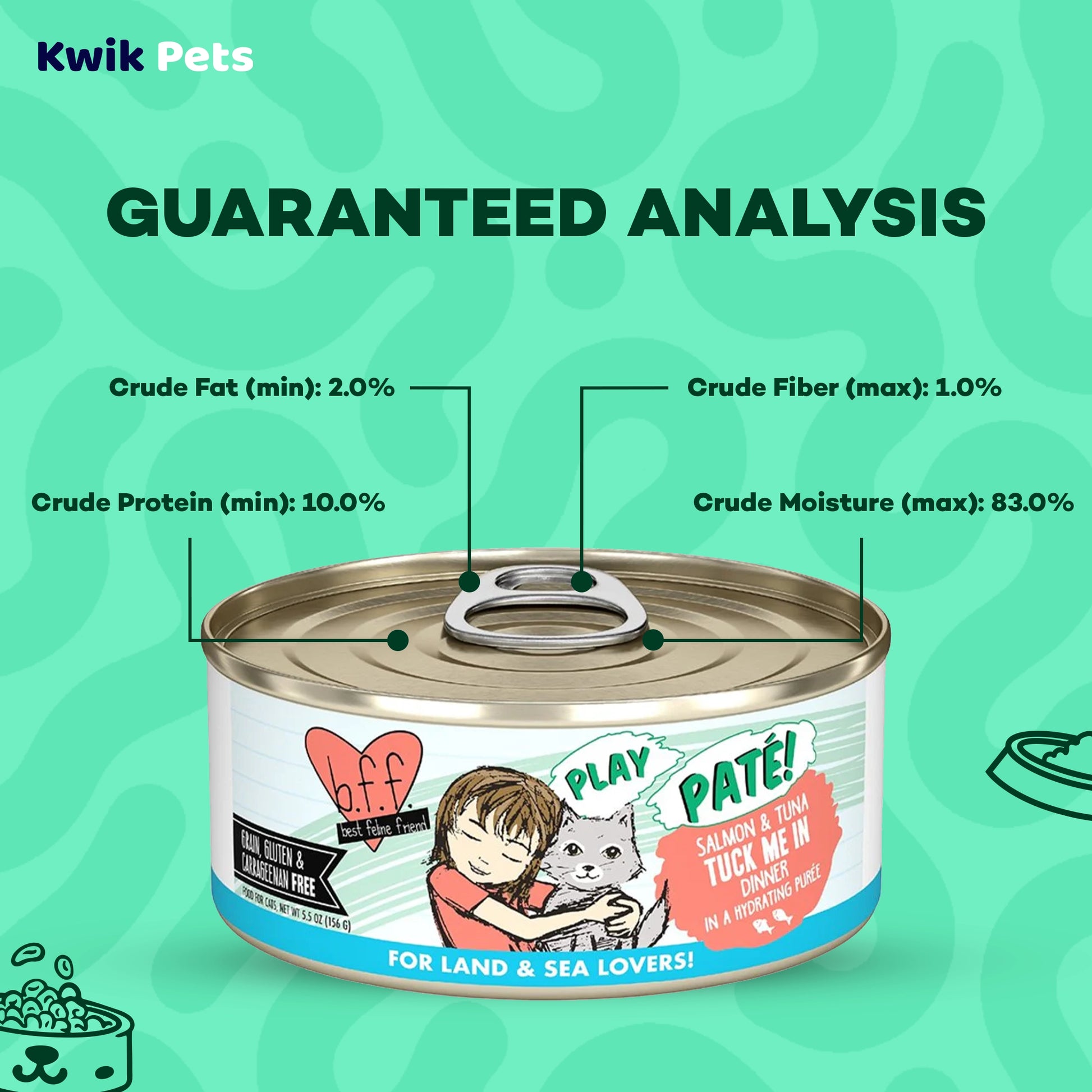 Guaranteed Analysis info of Weruva B.F.F. PLAY Paté Salmon & Tuna Tuck Me In Dinner in a Hydrating Purée Wet Cat Food 2.8-oz