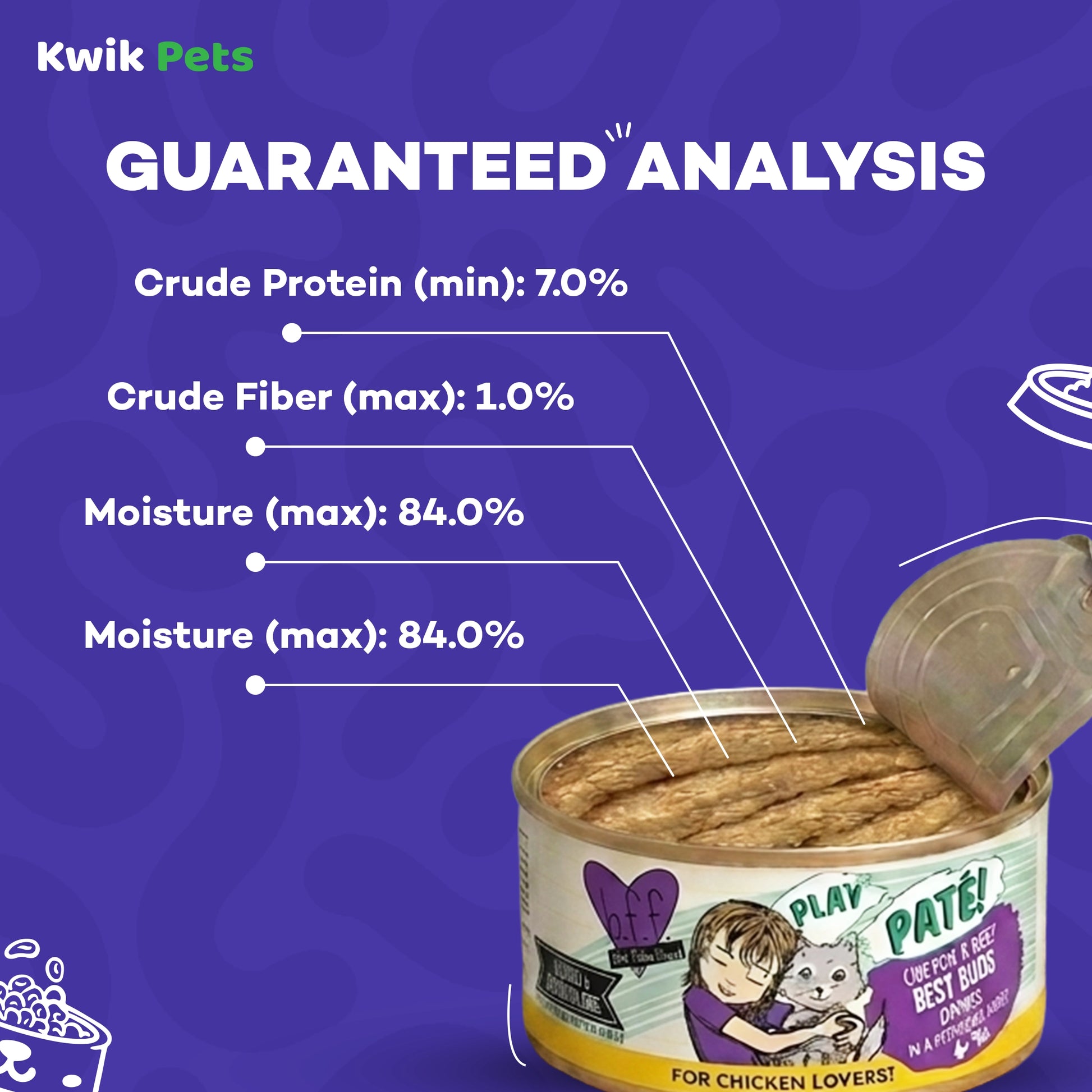 Guaranteed Analysis info of Weruva B.F.F. PLAY Paté Chicken & Beef Best Buds Dinner in a Hydrating Purée Wet Cat Food 2.8-oz