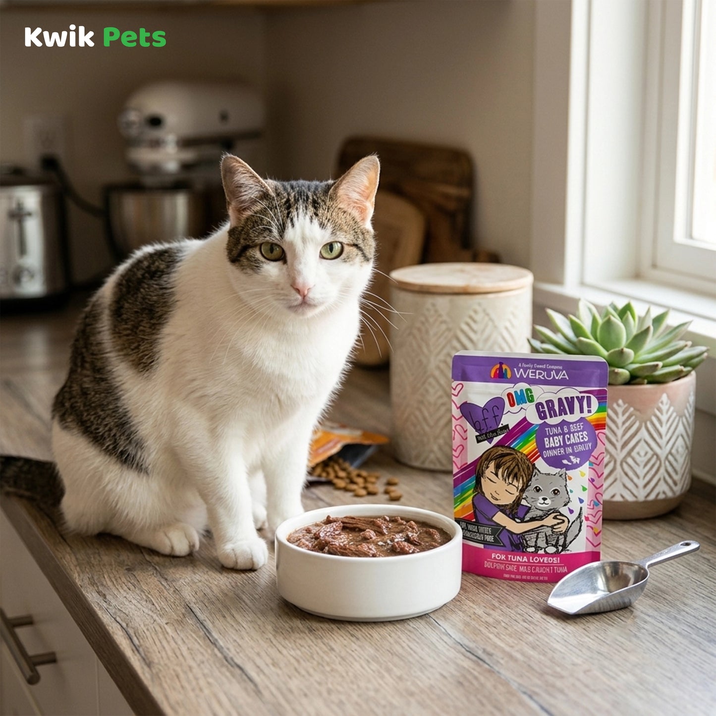 Lifestyle of Weruva B.F.F. OMG Tuna & Beef Baby Cakes Dinner in Gravy Wet Cat Food Pouches 3-oz