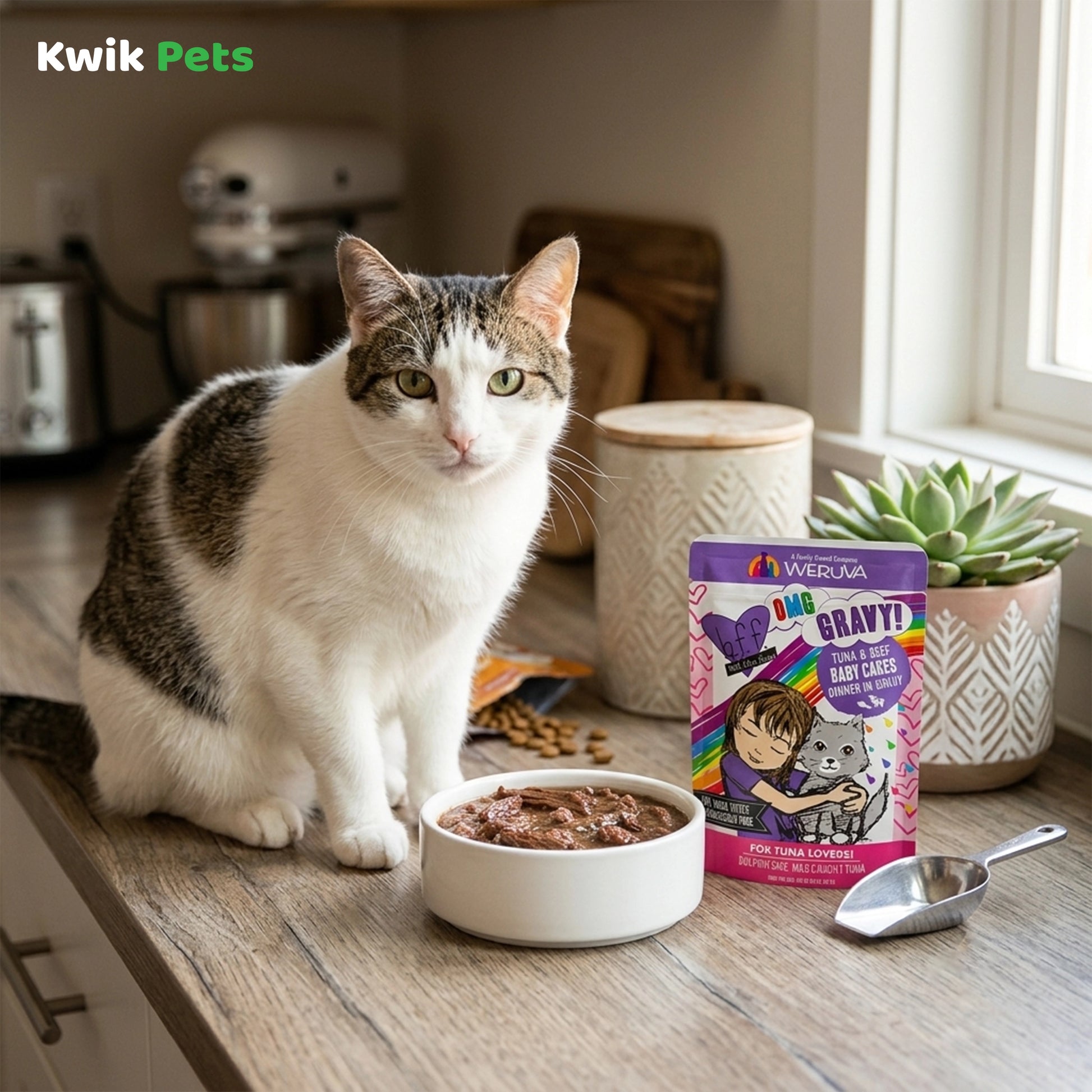 Lifestyle of Weruva B.F.F. OMG Tuna & Beef Baby Cakes Dinner in Gravy Wet Cat Food Pouches 3-oz