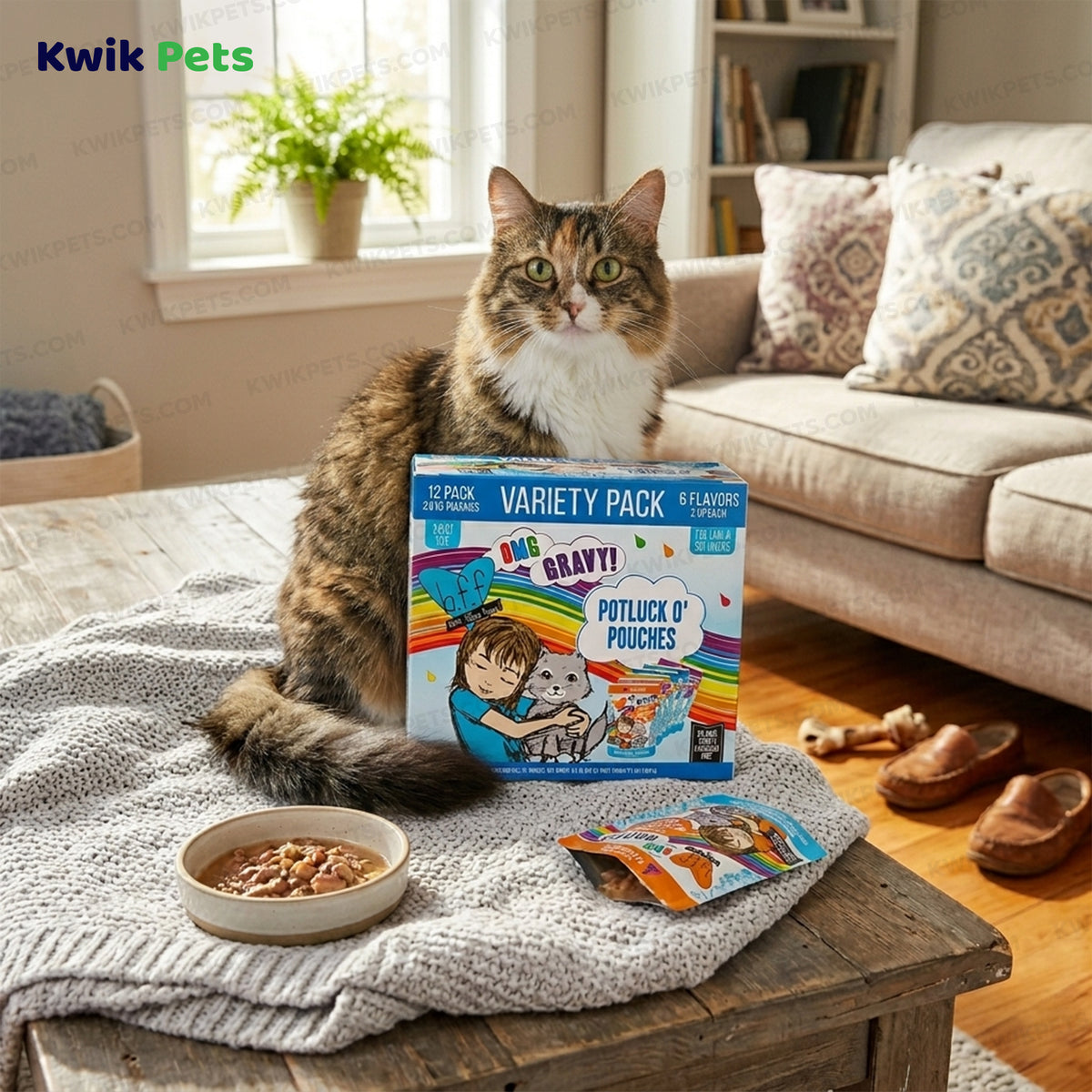 Lifestyle of Weruva B.F.F. OMG Potluck O' Pouches Variety Pack Wet Cat Food 2.8-oz Pouches 12 Count