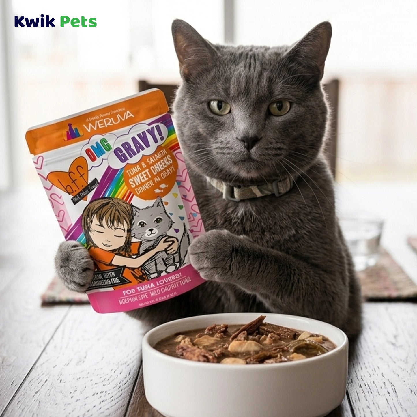 Lifestyle of Weruva B.F.F. OMG Tuna & Salmon Sweet Cheeks Dinner in Gravy Wet Cat Food Pouches 3-oz