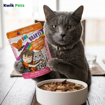 Lifestyle of Weruva B.F.F. OMG Tuna & Salmon Sweet Cheeks Dinner in Gravy Wet Cat Food Pouches 3-oz
