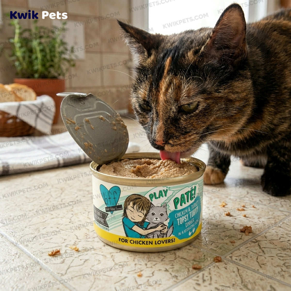Lifestyle of Weruva B.F.F. PLAY Paté Chicken & Turkey Topsy Turvy Dinner in a Hydrating Purée Wet Cat Food 2.8-oz
