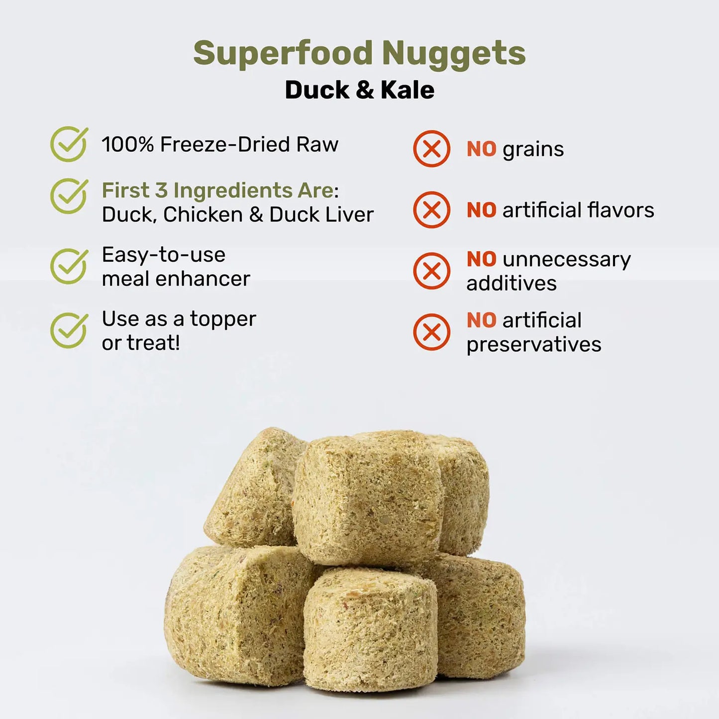 Product info of Badlands Ranch Superfood Nuggets Freeze-Dried Raw Dog Treats Duck & Kale 8-oz