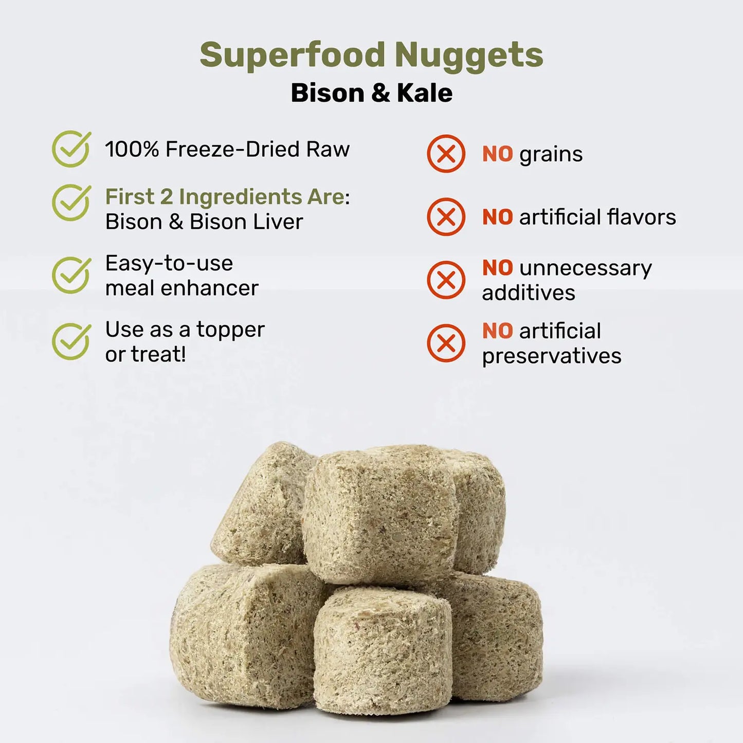 Product info of Badlands Ranch Superfood Nuggets Freeze-Dried Raw Dog Treats Bison & Kale 8-oz