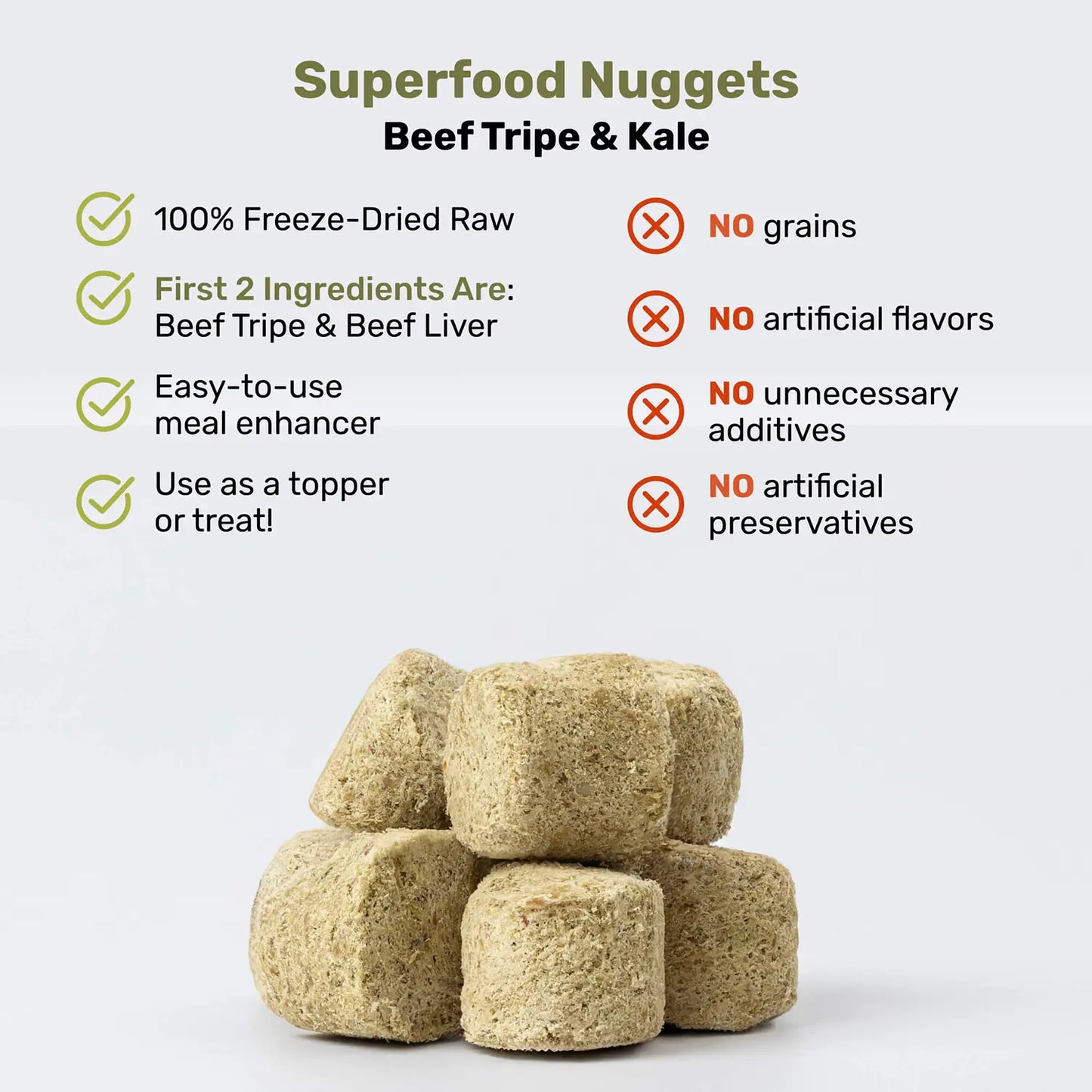 Product info of Badlands Ranch Superfood Nuggets Freeze-Dried Raw Dog Treats Beef Tripe & Kale 8-oz