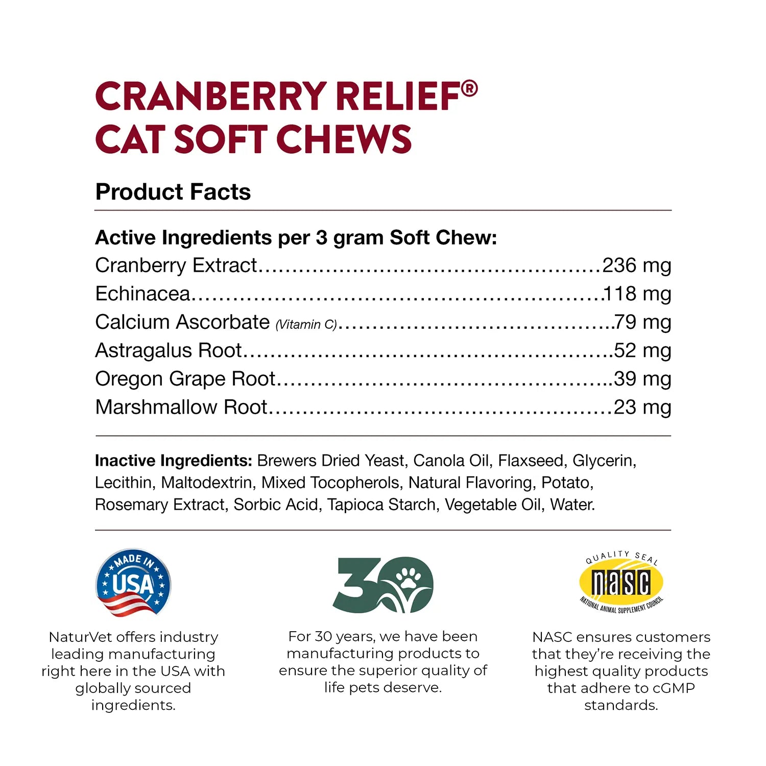 Products facts &  Inactive Ingredients info of NaturVet Cranberry Relief Plus Echinacea Soft Chews for Cats 60 Count 3.1-oz