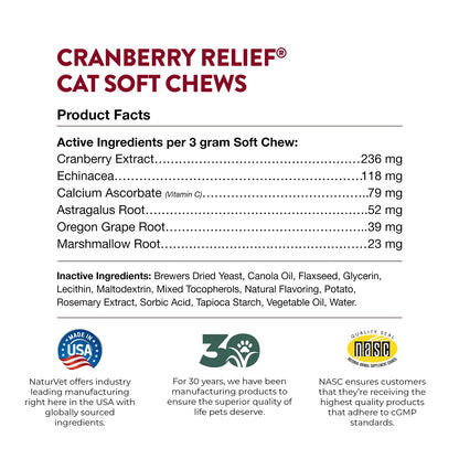Products facts &  Inactive Ingredients info of NaturVet Cranberry Relief Plus Echinacea Soft Chews for Cats 60 Count 3.1-oz