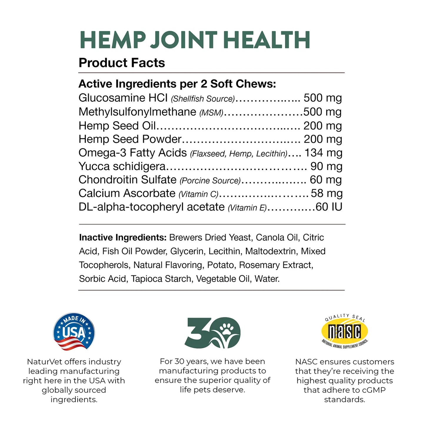 Product facts & Inactive Ingredients info of NaturVet Hemp Joint Health Soft Chews for Dogs 60 Count 6.3-oz