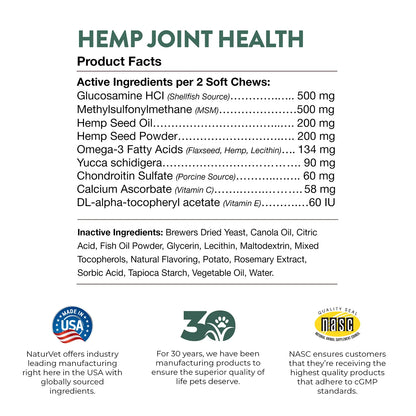Product facts & Inactive Ingredients info of NaturVet Hemp Joint Health Soft Chews for Dogs 60 Count 6.3-oz