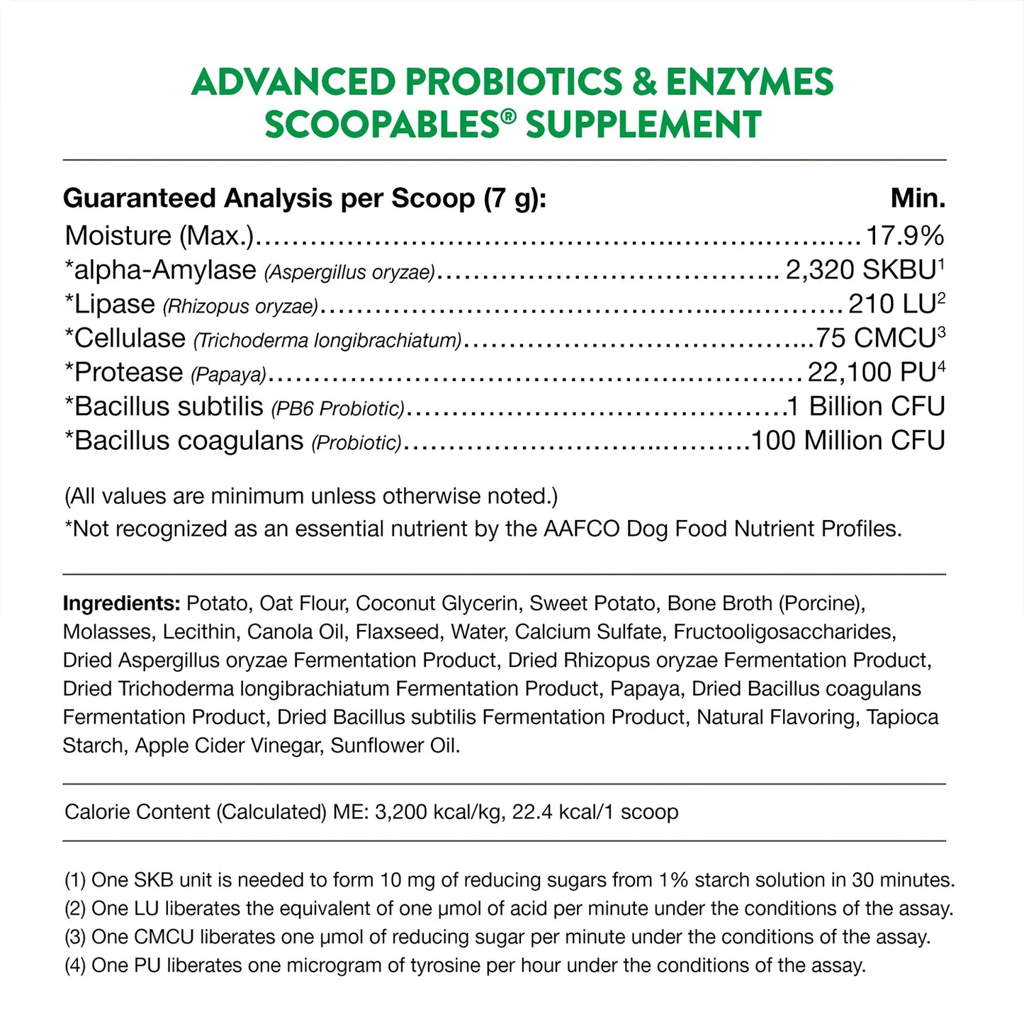 Guaranteed-Analysis, Ingredients info,& Calorie Content info of NaturVet Scoopables Advanced Probiotics & Enzymes for Dogs 45 Count 11-oz