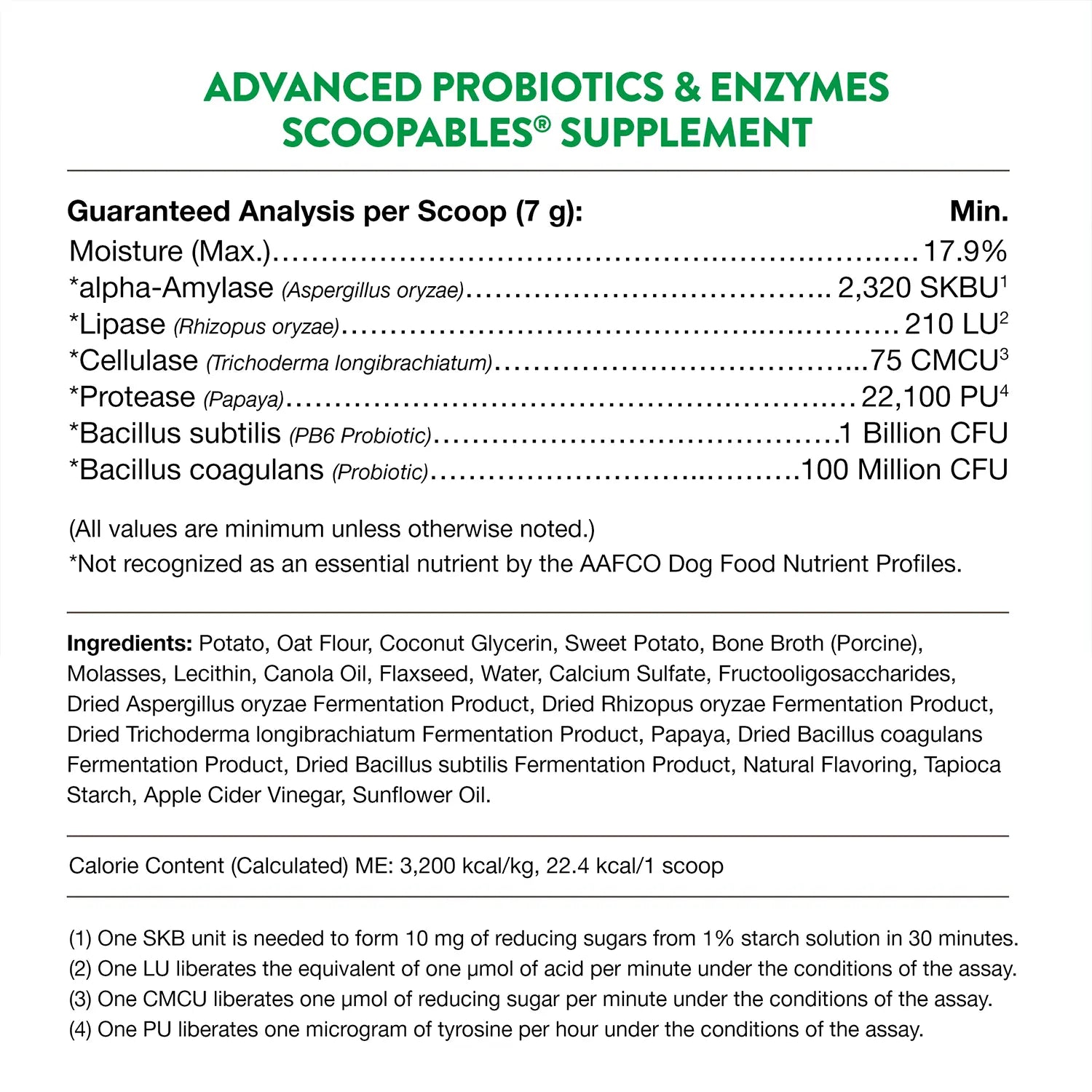 Guaranteed-Analysis, Ingredients info,& Calorie Content info of NaturVet Scoopables Advanced Probiotics & Enzymes for Dogs 45 Count 11-oz