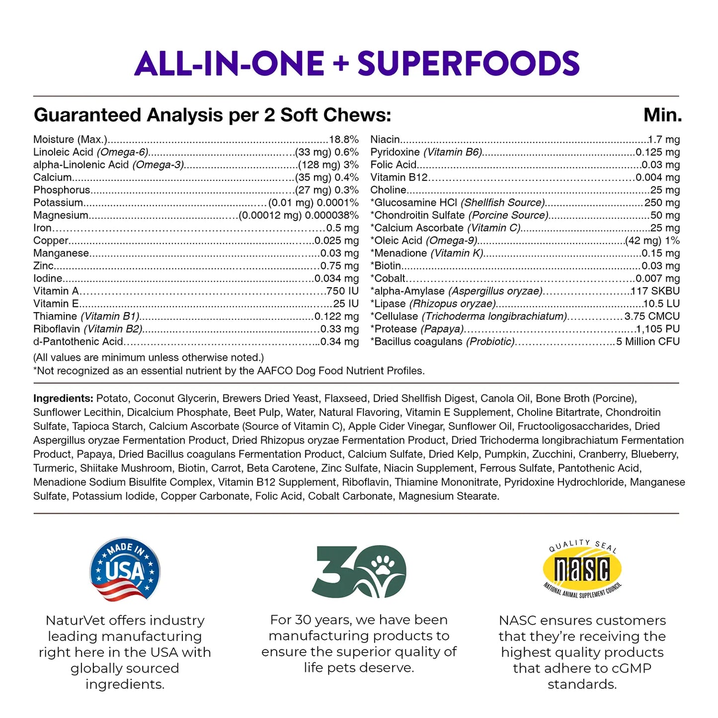 Guaranteed-Analysis of Evolutions by NaturVet All-in-One Plus Superfoods Soft Chews for Dogs 90 Count 7.9-oz