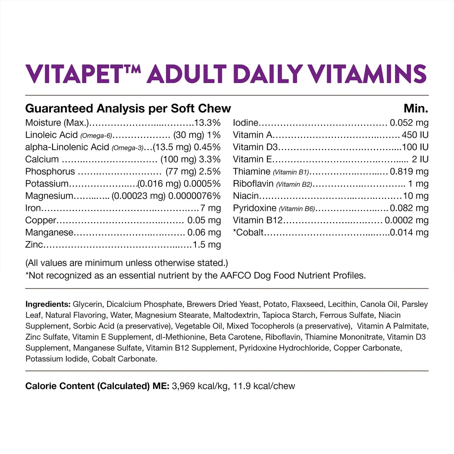 Guaranteed-Analysis, Ingredients info & Calorie Content info of   NaturVet VitaPet Adult Daily Vitamins Plus Breath Aid Soft Chews for Dogs 60 Count 6.3-oz