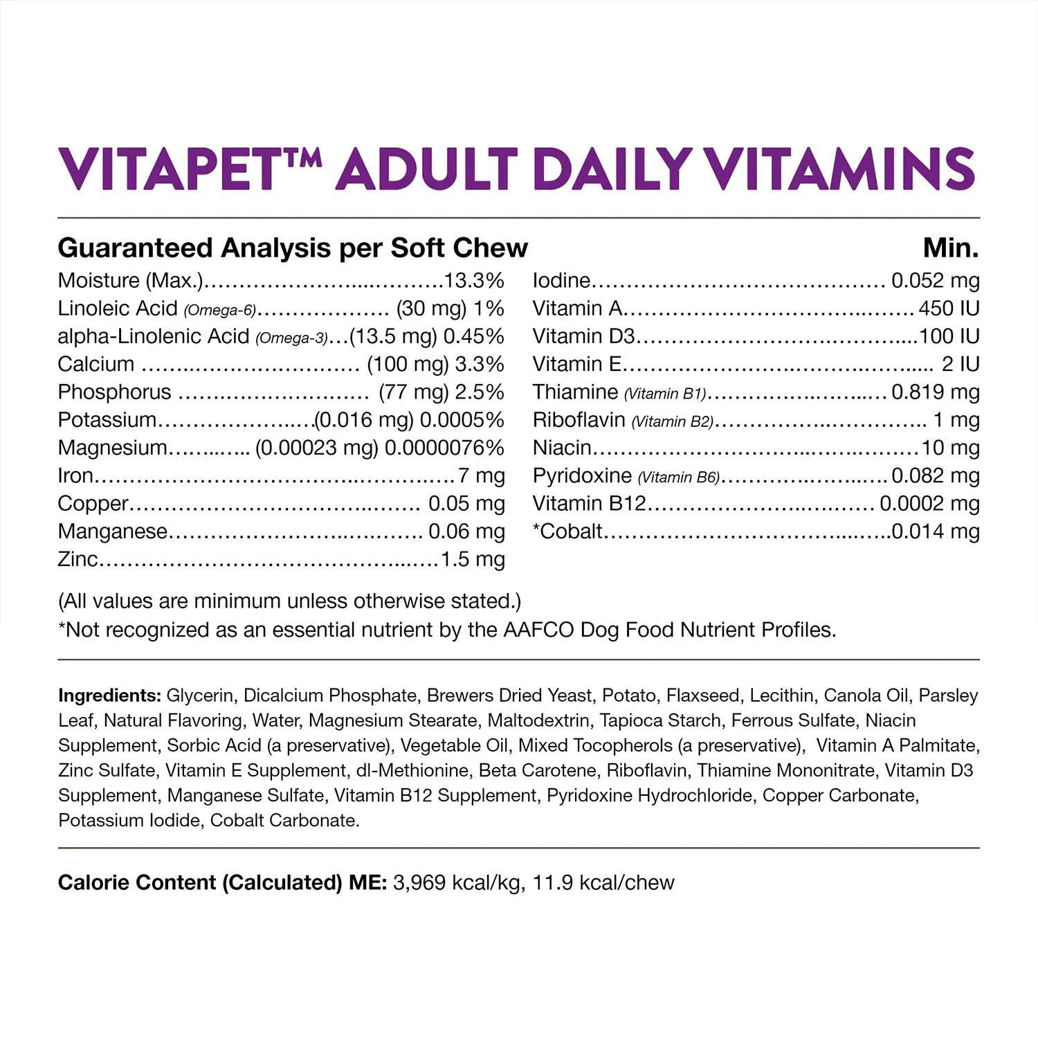Guaranteed-Analysis, Ingredients info & Calorie Content info of   NaturVet VitaPet Adult Daily Vitamins Plus Breath Aid Soft Chews for Dogs 60 Count 6.3-oz