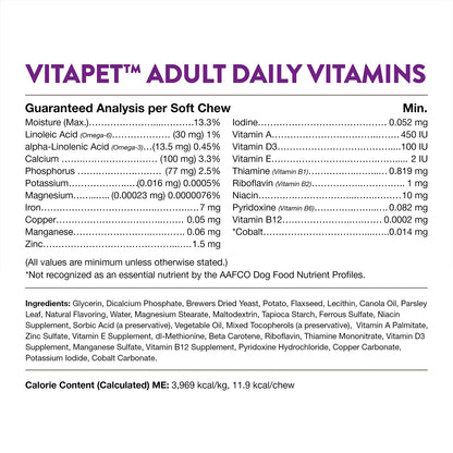 Guaranteed-Analysis, Ingredients info & Calorie Content info of   NaturVet VitaPet Adult Daily Vitamins Plus Breath Aid Soft Chews for Dogs 60 Count 6.3-oz