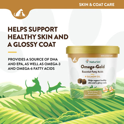 Product info of NaturVet Omega-Gold Plus Salmon Oil Soft Chews for Dogs & Cats 90 Count 9-oz