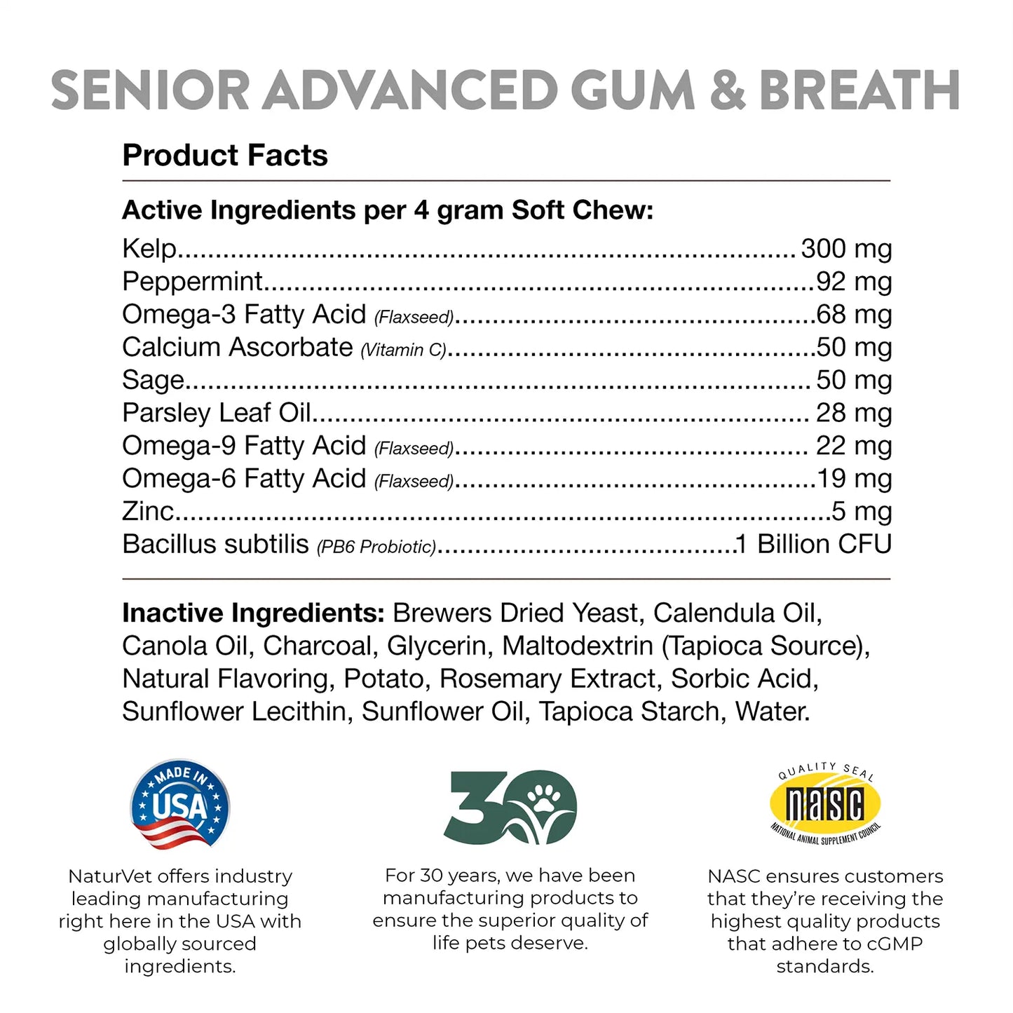 Product facts & Inactive Ingredients info of NaturVet Senior Advanced Gum & Breath Dog Soft Chews 45 Count 6.3-oz