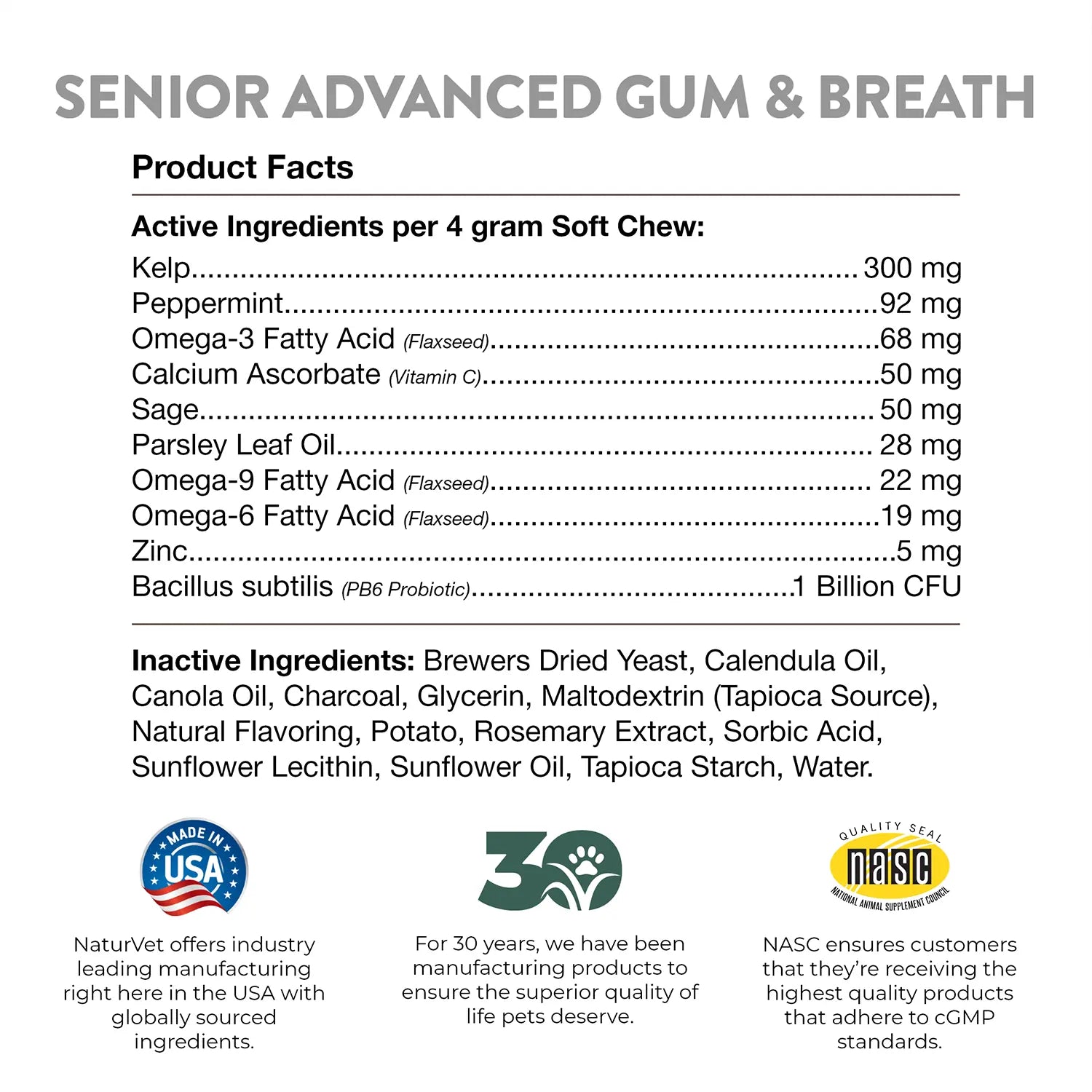 Product facts & Inactive Ingredients info of NaturVet Senior Advanced Gum & Breath Dog Soft Chews 45 Count 6.3-oz