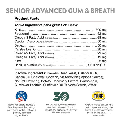 Product facts & Inactive Ingredients info of NaturVet Senior Advanced Gum & Breath Dog Soft Chews 45 Count 6.3-oz