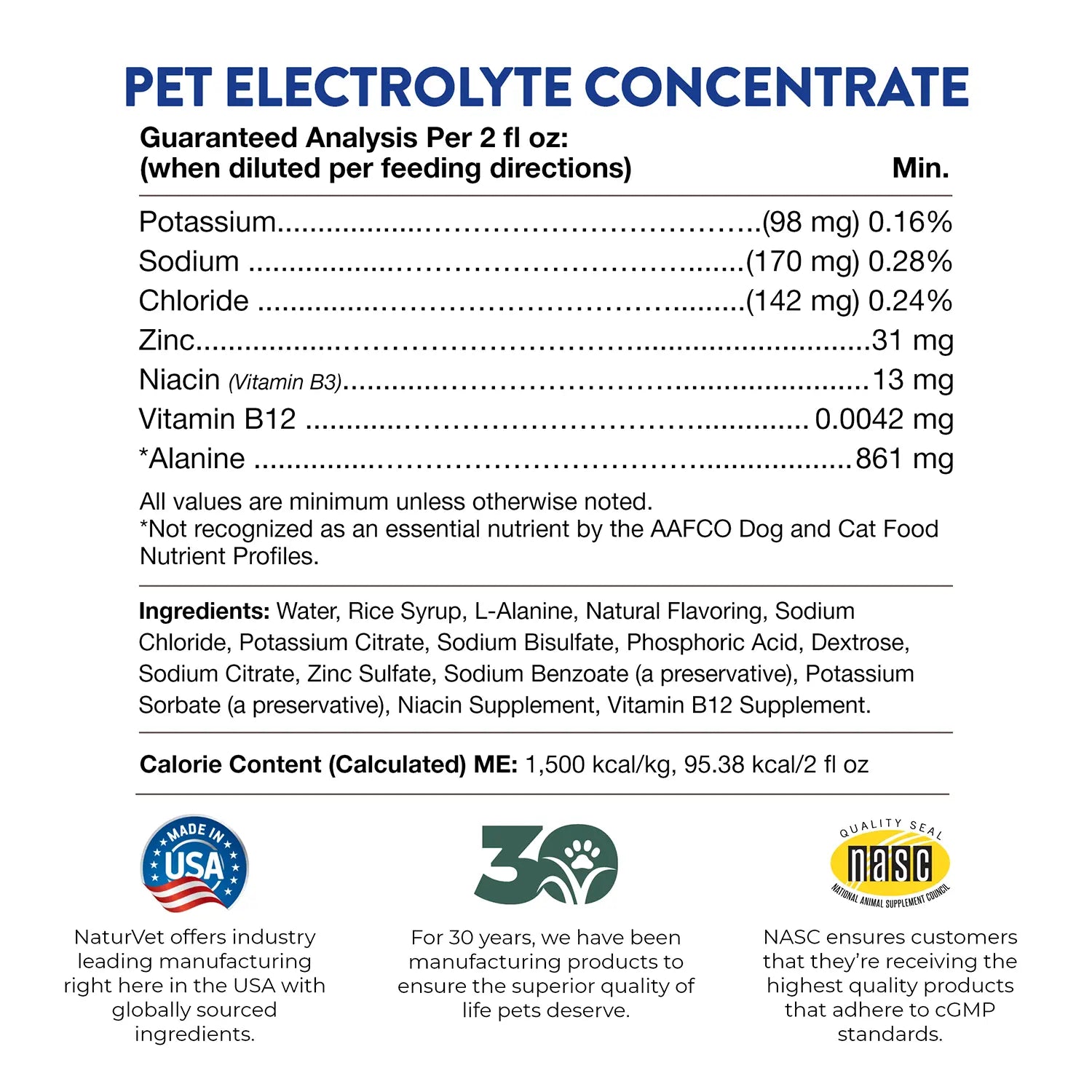 Guaranteed-Analysis , Ingredients info & Calorie Content info of NaturVet Pet Electrolyte Concentrate for Dogs & Cats 16-oz