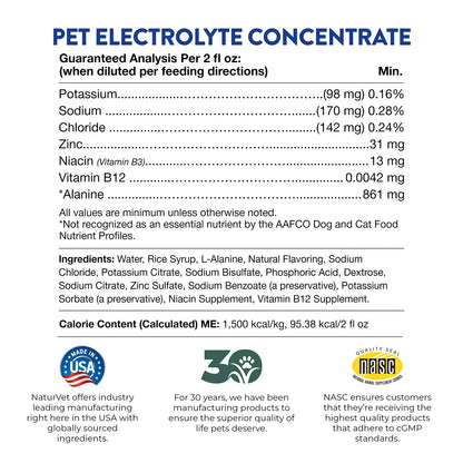 Guaranteed-Analysis , Ingredients info & Calorie Content info of NaturVet Pet Electrolyte Concentrate for Dogs & Cats 16-oz