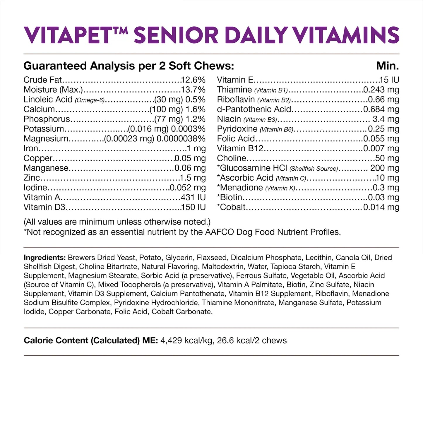 Guaranteed-Analysis , Ingredients info & Calorie Content info of NaturVet VitaPet Senior Daily Vitamins Plus Glucosamine Soft Chews for Dogs 60 Count 6.3-oz