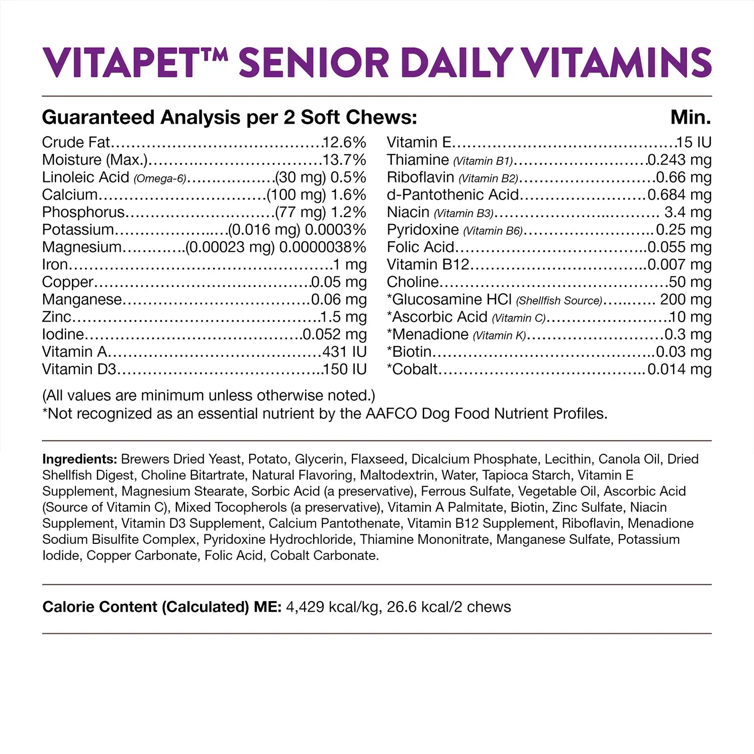 Guaranteed-Analysis , Ingredients info & Calorie Content info of NaturVet VitaPet Senior Daily Vitamins Plus Glucosamine Soft Chews for Dogs 60 Count 6.3-oz