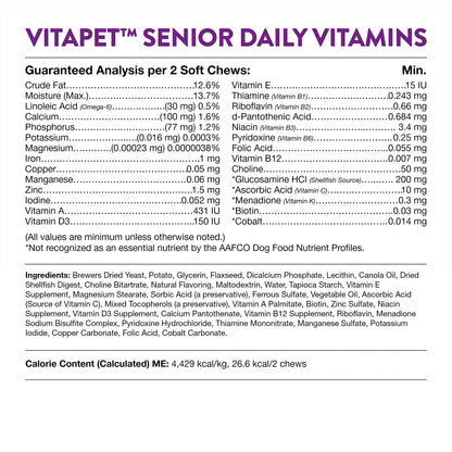 Guaranteed-Analysis , Ingredients info & Calorie Content info of NaturVet VitaPet Senior Daily Vitamins Plus Glucosamine Soft Chews for Dogs 60 Count 6.3-oz