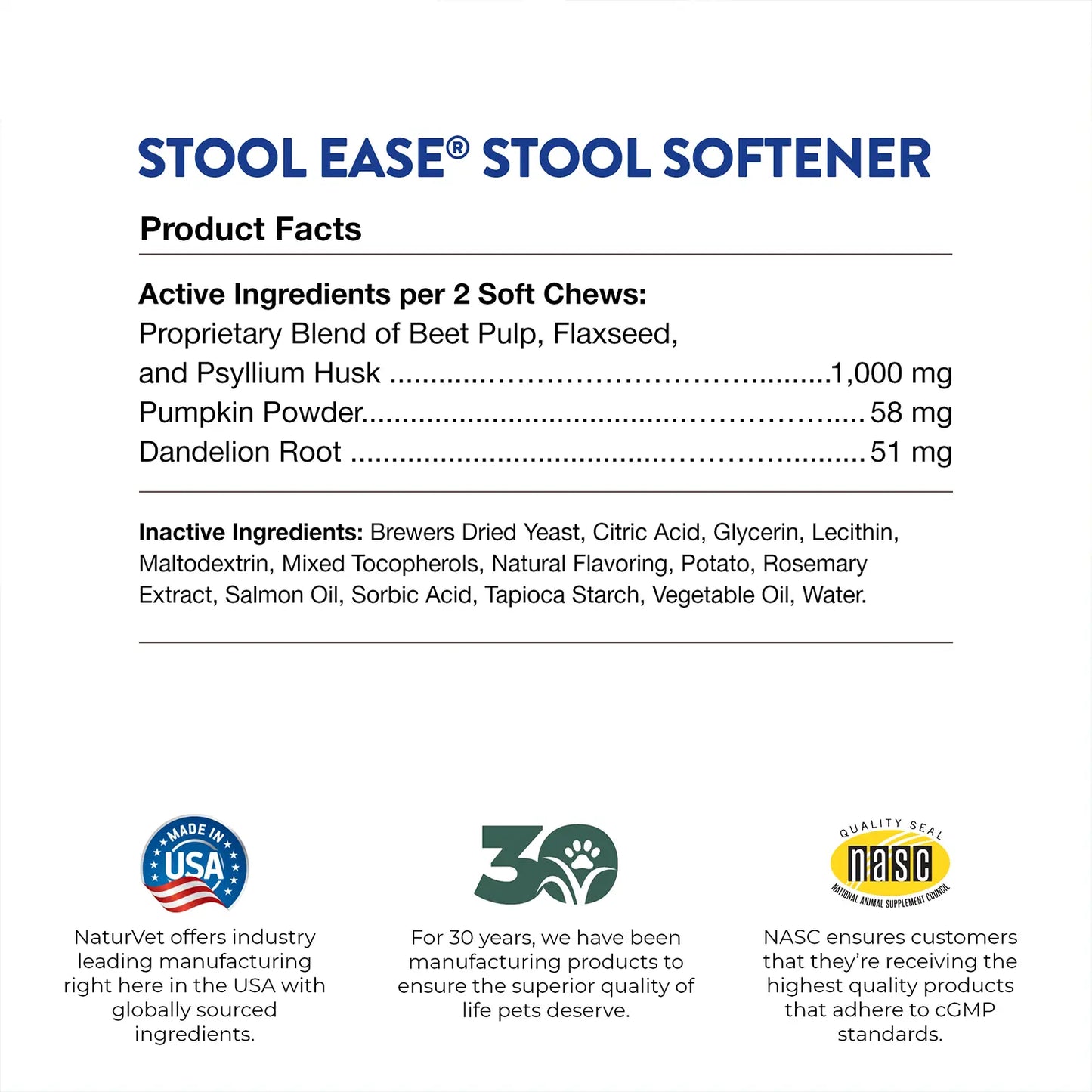 Product facts & Inactive Ingredients info of NaturVet Stool Ease Soft Chews for Dogs 40 Count 4.2-oz