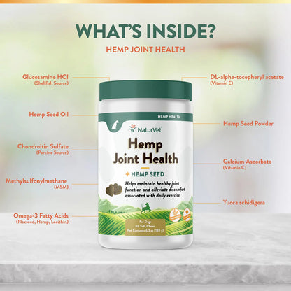 Ingredients info of NaturVet Hemp Joint Health Soft Chews for Dogs 60 Count 6.3-oz
