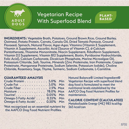 Ingredients,Guaranteed-Analysis & Calorie Content info of Natural Balance Pet Foods L.I.D Plant Powered Vegan Friendly Vegetarian Recipe Canned Dog Food 13-oz