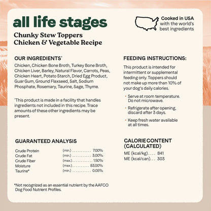 Ingredients info of CANIDAE All Life Stages Chunky Stew Wet Dog Food Topper Chicken & Vegetable 12.7-oz