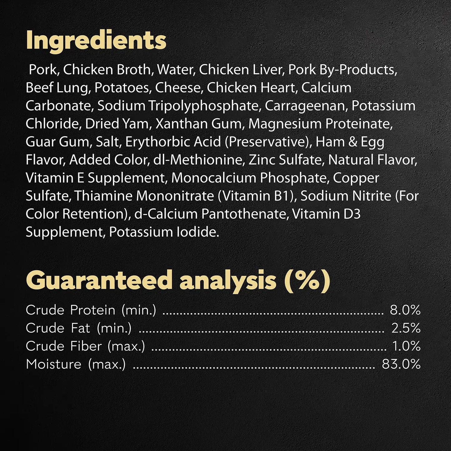 Ingredients info & Guaranteed-Analysis of Cesar Loaf & Topper in Sauce Adult Wet Dog Food Ham & Egg w/Potato & Cheese 3.5-oz