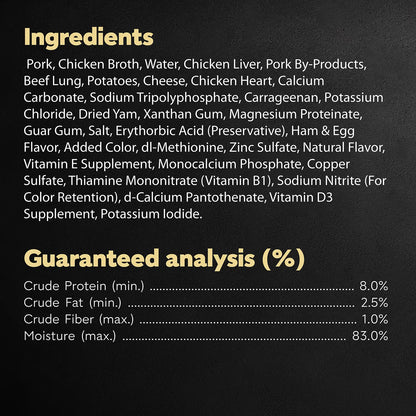 Ingredients info & Guaranteed-Analysis of Cesar Loaf & Topper in Sauce Adult Wet Dog Food Ham & Egg w/Potato & Cheese 3.5-oz