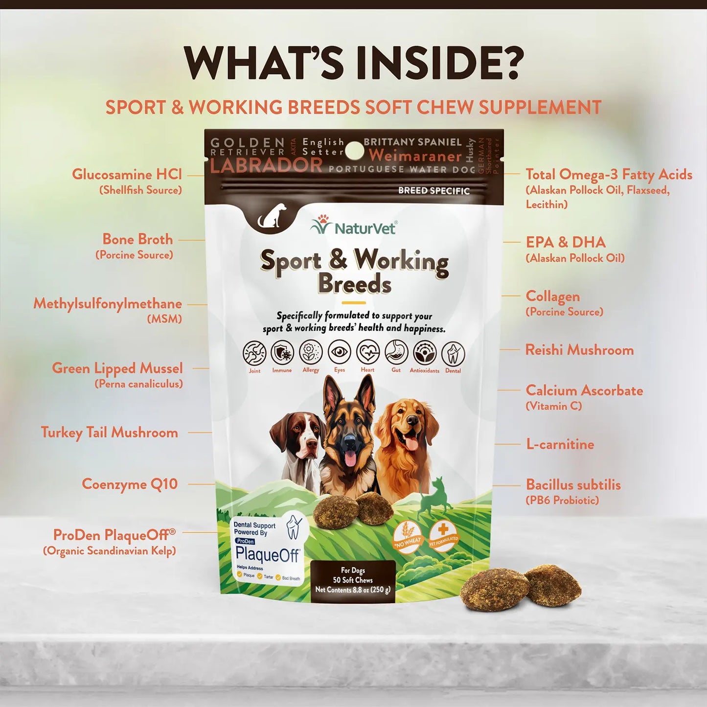 Ingredients info of NaturVet Sport & Working Breed-Specific Supplement Soft Chews for Dogs 50 Count 8.8-oz