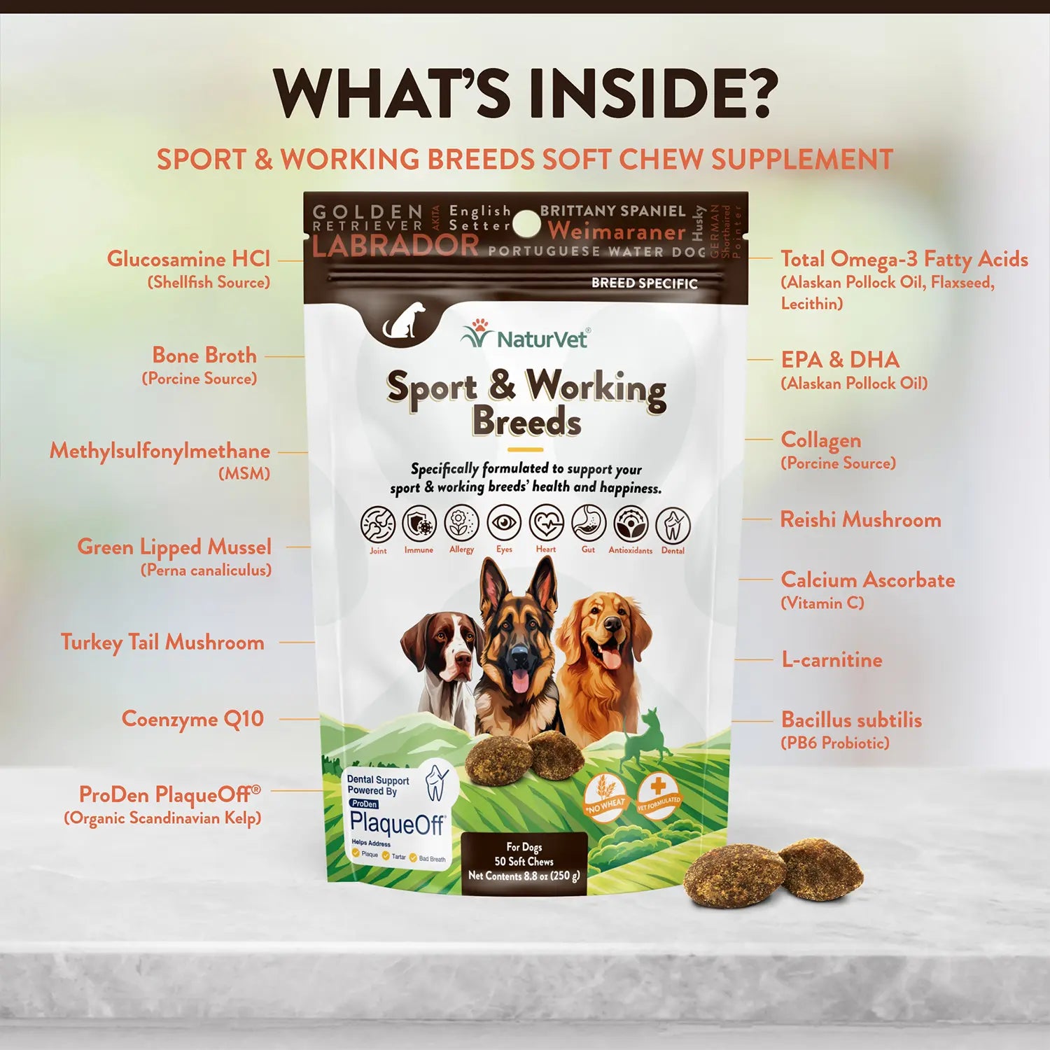 Ingredients info of NaturVet Sport & Working Breed-Specific Supplement Soft Chews for Dogs 50 Count 8.8-oz