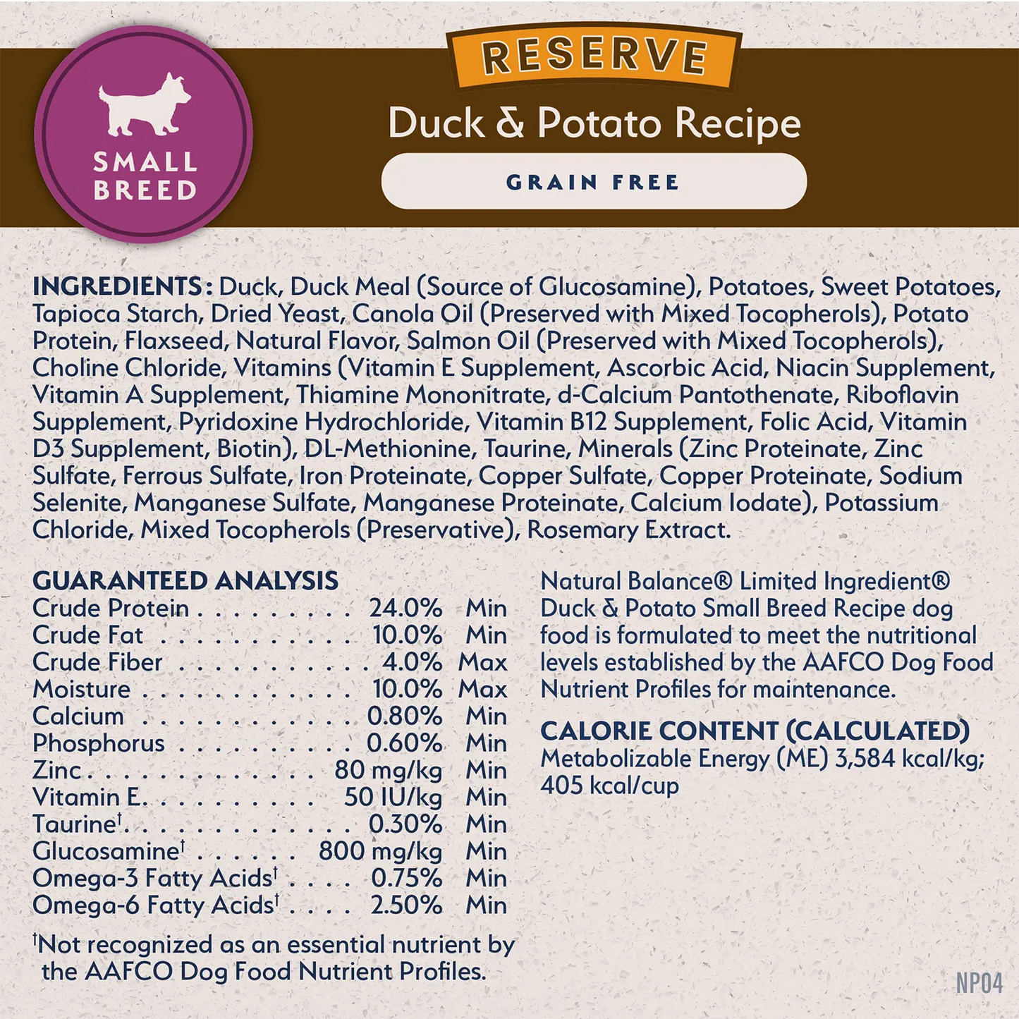 Ingredients,Guaranteed-Analysis & Calorie Content info of Natural Balance Pet Foods Limited Ingredient Reserve Grain Free Small Breed Dry Dog Food Duck & Potato 4-lb
