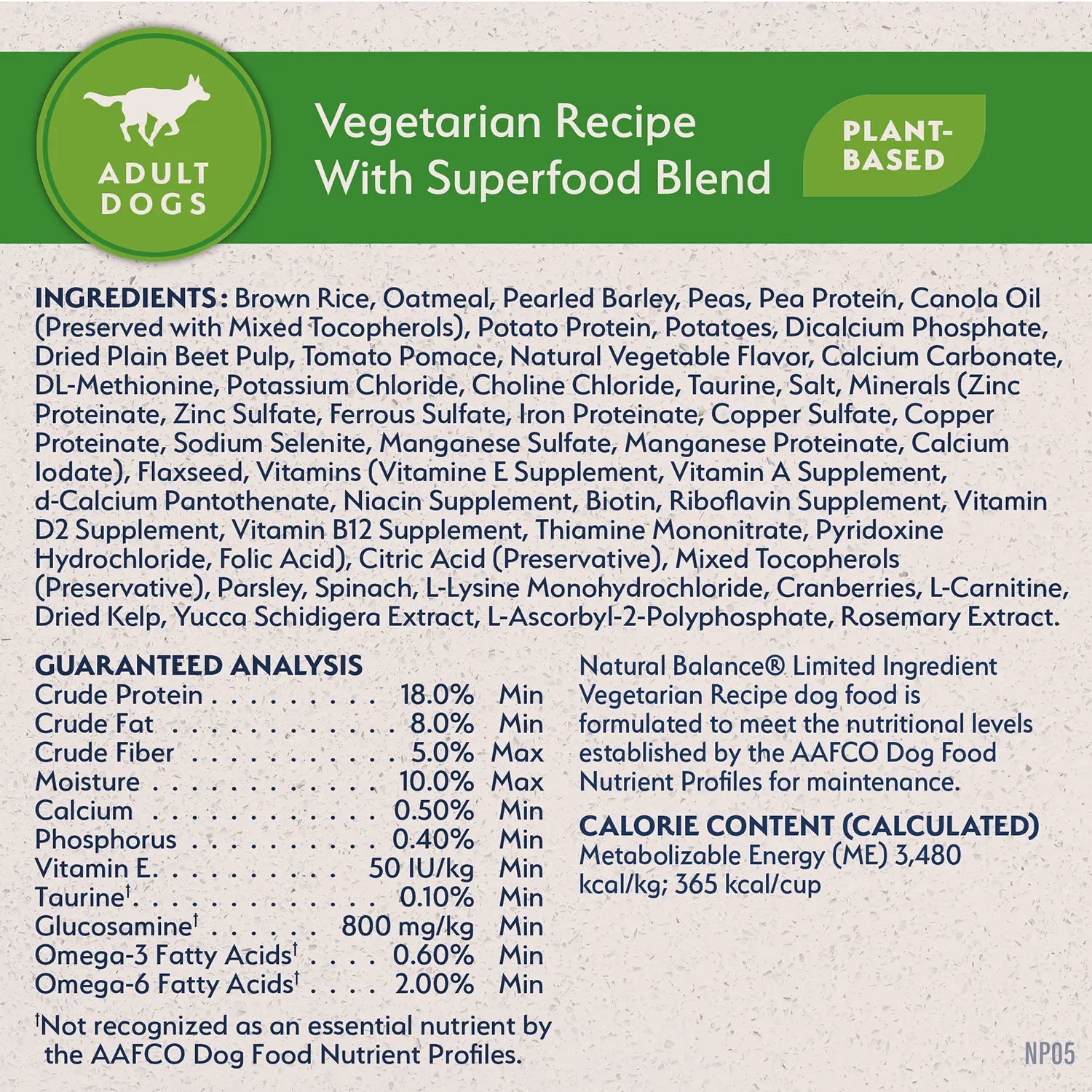 Ingredients,Guaranteed-Analysis & Calorie Content info of Natural Balance Pet Foods L.I.D Plant Powered Vegan-Friendly Vegetarian Recipe Dry Dog Food 4-lb