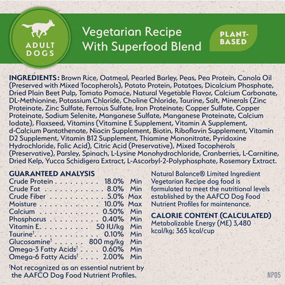 Ingredients,Guaranteed-Analysis & Calorie Content info of Natural Balance Pet Foods L.I.D Plant Powered Vegan-Friendly Vegetarian Recipe Dry Dog Food 4-lb